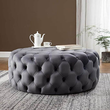 Luxury Dark Grey Velvet Chesterfield Footstool with Rounded Design - 90 cm Wide - UK Luxury Furniture